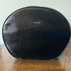 Lancome Paris Black Faux Leather Round Travel Cosmetic Bag Train Case